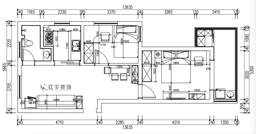 张桐玮｜复成里15-301-66㎡-现代简约风格｜2室1厅1卫｜旧房改造｜定制家￥86000｜全包10万｜00_03家具尺寸图